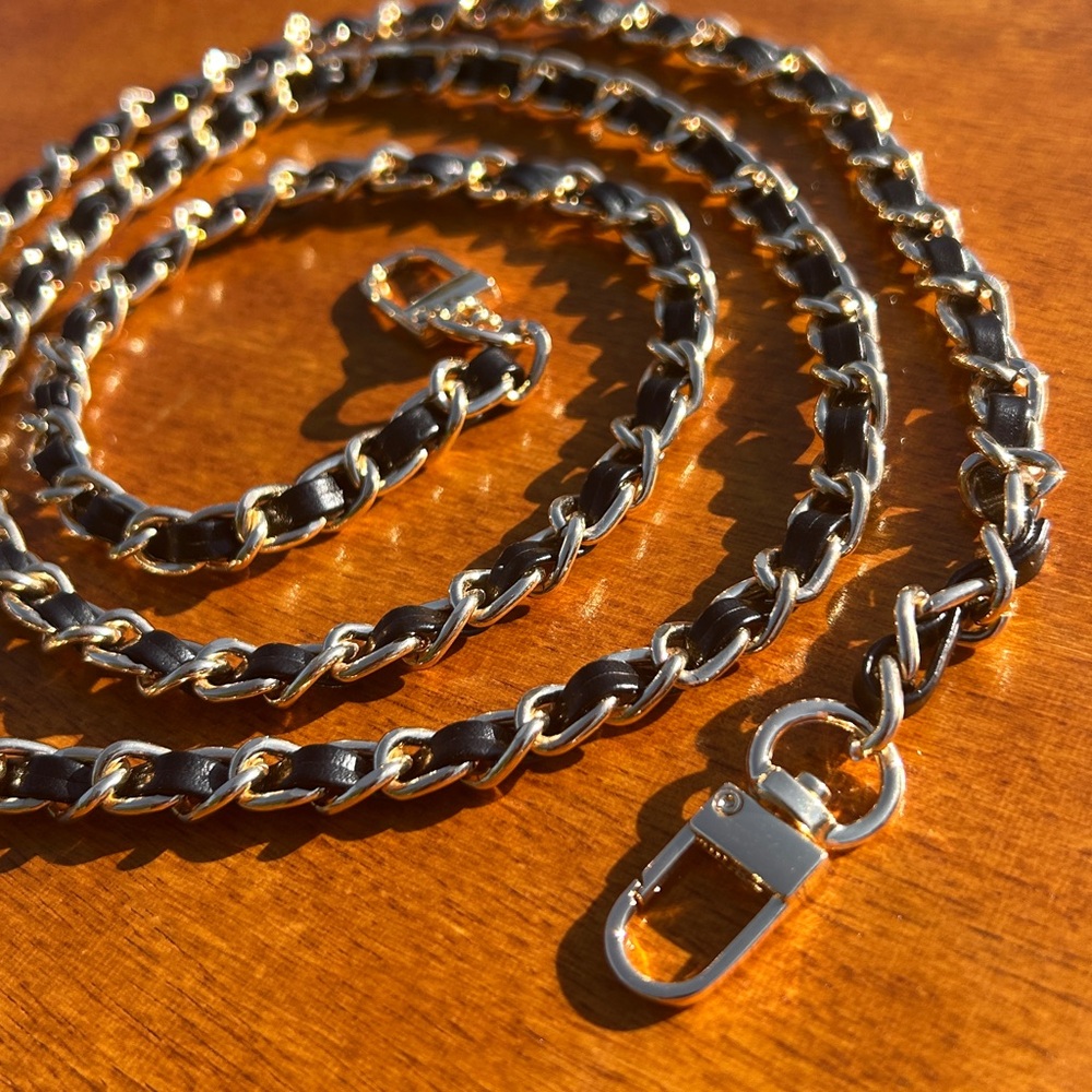 New 47” bag / wallet chain strap - Metal, leather; Black, gold